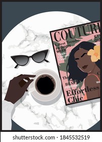 Fashion magazine , cup of coffee and sunglasses on cafe marble table illustration - Abstract graphic print for girl tee / t shirt and poster 