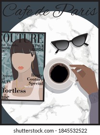 Fashion magazine , cup of coffee and sunglasses on cafe marble table illustration - Abstract graphic print for girl tee / t shirt and poster 