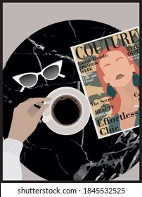 Fashion magazine , cup of coffee and sunglasses on cafe marble table illustration - Abstract graphic print for girl tee / t shirt and poster 