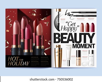 Fashion magazine template, attractive lipsticks with gold party streamers, products listed on the right side in 3d illustration