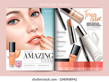 Fashion Magazine Template, Attractive Model With Spring Makeup, Lip Gloss And Nail Palette Elements In 3d Illustration