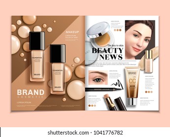 Fashion magazine template, foundation and concealer ads with elegant model in 3d illustration