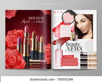 Fashion magazine template, lip sticks with red roses decoration, products listed on the right side, 3d illustration