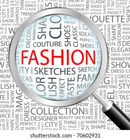 FASHION. Magnifying glass over seamless background with different association terms. Vector illustration.