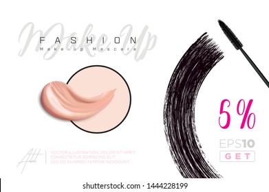 Fashion make-up banner. Beauty and cosmetics background. Realistic foundation and mascara smear. Use for advertising flyer, banner, leaflet. Template Vector.