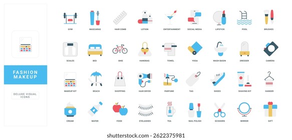 Fashion makeup and beauty care, skin care accessory for modern lifestyle color icon set. Makeup kit of handbag and dressing table, shaving and nail polish, cream bottle flat vector illustration