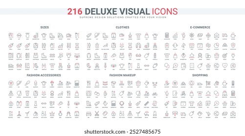 Fashion makeup and cosmetics kit, size arrows, shopping price and discounts line icon set. Accessory and clothes, ecommerce order protection thin black and red outline symbols vector illustration