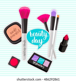 Fashion makeup items patch badges with hearts and speech bubbles. Set of stickers, pins, patches in cartoon comic style. Vector illustration isolated on light background.