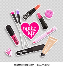 Fashion Makeup Items Patch Badges With Hearts And Speech Bubbles. Set Of Stickers, Pins, Patches In Cartoon Comic Style. Vector Illustration Isolated.