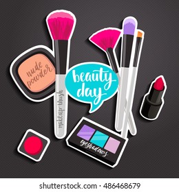 Fashion makeup items patch badges with hearts and speech bubbles. Set of stickers, pins, patches in cartoon comic style. Vector illustration isolated on dark background.