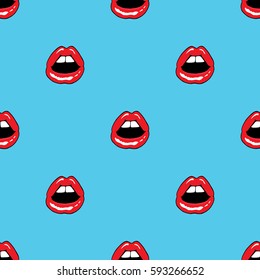 Fashion and make-up seamless pattern with blue background. Sexy wet lips of woman with red lipstick and gloss. Open mouth ready for kiss. Pop-art style for textile, decor, design and fabric. 