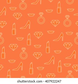 Fashion and makeup seamless pattern with line icons on orange background. Pattern with diamonds, lips, shoes, lipsticks, wedding rings and high heels. Fashion and beauty pattern.