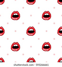 Fashion and make-up seamless pattern with white background and pink polka dots. Sexy wet lips of woman with red lipstick and gloss. Pop-art style for textile, decor, design and fabric. 