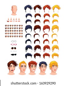 Fashion male avatars. 8 hairstyles and 5 eyes in different colors, 5 mouths, 5 noses, 5 glasses, 1 head, for multiple combinations. In this image, some previews. Vector file, isolated objects. 