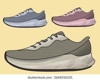 Fashion male comfortable footwear, pair of athletic shoes fitness footgear, trendy sportswear flat style. Fitness sneakers shoes set. Comfortable shoes for training, running and walking. Sports shoes 