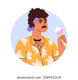 Fashion man avatar. Person with mustache, trendy style outfit, holding ice cream. Modern male user profile, circle portrait with summer icecream. Flat vector illustration isolated on white background