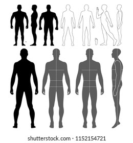 Fashion Man Body Full Length Bald Template Figure Silhouette (front, Back And Side Views), Vector Illustration Isolated On White Background