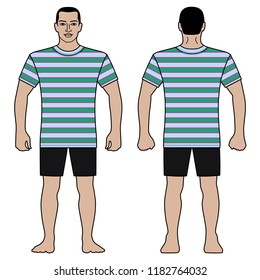 Fashion man body full length template figure silhouette in shorts and t shirt (front, back views) with stripy pattern, vector illustration isolated on white background