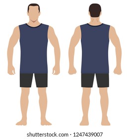 Fashion man body full length template figure silhouette in shorts and t shirt (front, back views), vector illustration isolated on white background