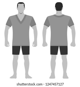 Fashion man body full length template figure silhouette in shorts and t shirt (front, back views), vector illustration isolated on white background
