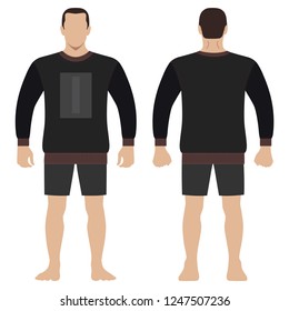Fashion man body full length template figure silhouette in shorts and t shirt (front, back views), vector illustration isolated on white background