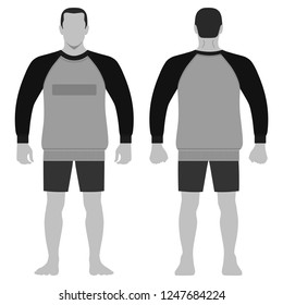 Fashion man body full length template figure silhouette in shorts and t shirt (front, back views), vector illustration isolated on white background