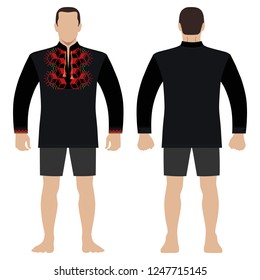 Fashion man body full length template figure silhouette in shorts and Slavic shirt vyshivanka (front, back views), vector illustration isolated on white background