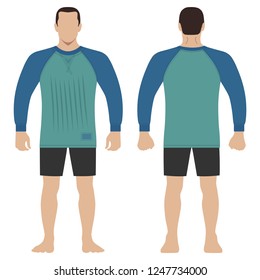 Fashion man body full length template figure silhouette in shorts and t shirt (front, back views), vector illustration isolated on white background