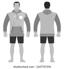 Fashion man body full length template figure silhouette in shorts   hoodie (front  back views)  vector illustration isolated white background
