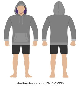 Fashion man body full length template figure silhouette in shorts   hoodie (front  back views)  vector illustration isolated white background