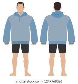 Fashion man body full length template figure silhouette in shorts and hoodie (front, back views), vector illustration isolated on white background