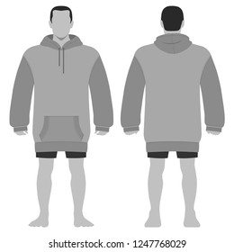 Fashion man body full length template figure silhouette in shorts and hoodie (front, back views), vector illustration isolated on white background