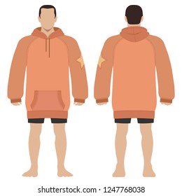 Fashion man body full length template figure silhouette in shorts and hoodie (front, back views), vector illustration isolated on white background