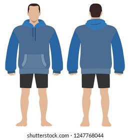 Fashion man body full length template figure silhouette in shorts and hoodie (front, back views), vector illustration isolated on white background