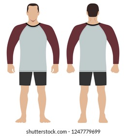 Fashion man body full length template figure silhouette in shorts and t shirt (front, back views), vector illustration isolated on white background