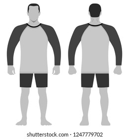 Fashion man body full length template figure silhouette in shorts and t shirt (front, back views), vector illustration isolated on white background
