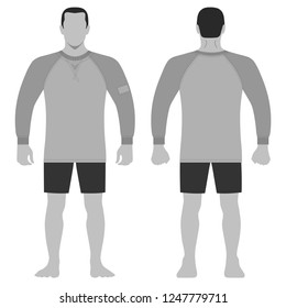Fashion man body full length template figure silhouette in shorts and t shirt (front, back views), vector illustration isolated on white background