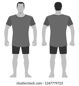 Fashion man body full length template figure silhouette in shorts and t shirt (front, back views), vector illustration isolated on white background