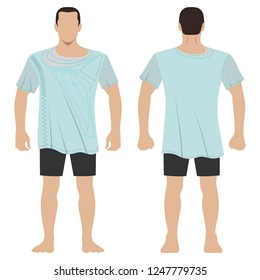 Fashion man body full length template figure silhouette in shorts and t shirt (front, back views), vector illustration isolated on white background