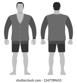 Fashion man body full length template figure silhouette in shorts and cardigan (front, back views), vector illustration isolated on white background