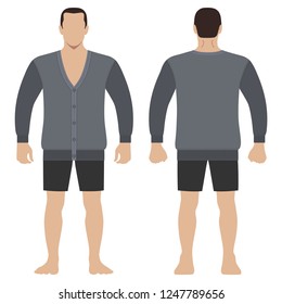 Fashion man body full length template figure silhouette in shorts and cardigan (front, back views), vector illustration isolated on white background