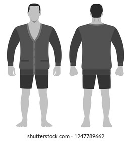 Fashion man body full length template figure silhouette in shorts and cardigan (front, back views), vector illustration isolated on white background