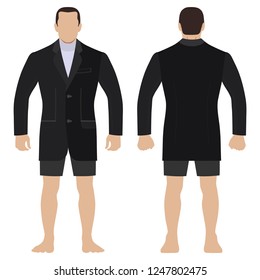 Fashion man body full length template figure silhouette in shorts and blazer (front, back views), vector illustration isolated on white background