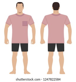 Fashion man body full length template figure silhouette in shorts and t shirt (front, back views), vector illustration isolated on white background