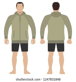 Fashion man body full length template figure silhouette in shorts   zip fastener hoodie (front  back views)  vector illustration isolated white background