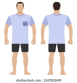 Fashion man body full length template figure silhouette in shorts and folk pocket t shirt (front, back views), vector illustration isolated on white background