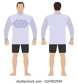 Fashion man body full length template figure silhouette in shorts and Slavic shirt vyshivanka (front, back views), vector illustration isolated on white background