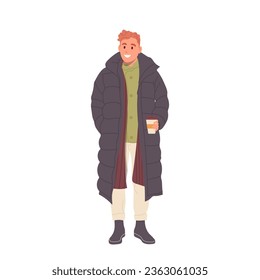 Fashion man character holding coffee cup wearing trendy casual down jacket for winter cold weather