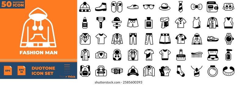 Fashion Man Duotone Editable Icons set. Vector illustration in modern thin duotone style of fashion man icons: cloth, shirt, fashion, etc