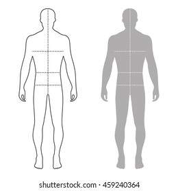 Fashion man full length outlined template figure silhouette with marked body's sizes lines (front view), vector illustration isolated on white background